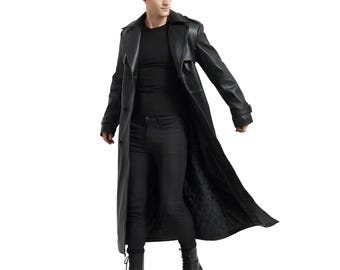 Oxlore Men’s Black Sheepskin Leather Trench Coat – Quilted Lining, Gothic Combat Style Winter Outerwear