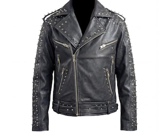 Spiked Studded Black Leather Biker Jacket, Punk Rock Style