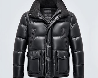 Men's Sheepskin Leather Puffer Jacket, Shearling Collar, Winter Coat