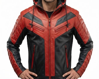 Oxlore Men's Black & Red Genuine Leather Biker Jacket – Removable Hood, Slim Fit