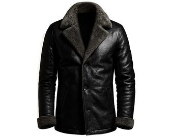 Men’s Black Sheepskin Leather Trench Coat with Faux Fur Collar - Winter Warm Single-Breasted Jacket