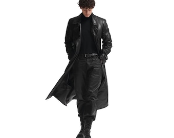 Oxlore Men’s Black Sheepskin Leather Trench Coat – Quilted Lining, Gothic Combat Style Winter Outerwear