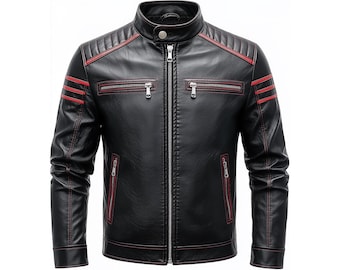 Oxlore Black Sheepskin Leather Jacket with Red Stripes – Biker, Streetwear & Luxury Outerwear