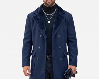 Oxlore Men’s Wool Trench Coat | Double Breasted Winter Overcoat with Notched Faux Fur Lapel | Mid-Long Warm Chunky Peacoat