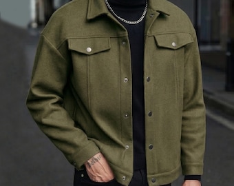 Men's Wool Blend Trucker Jacket – Warm Button-Up Shirt Coat for Winter Casual Wear