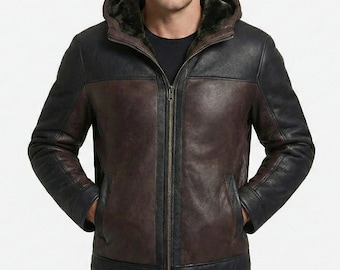 Men's Two-Tone Leather Bomber Jacket | Faux Shearling Lined, Removable Hood