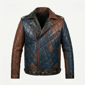 Men's Distressed Diamond Quilt Leather Biker Jacket - Patchwork Design