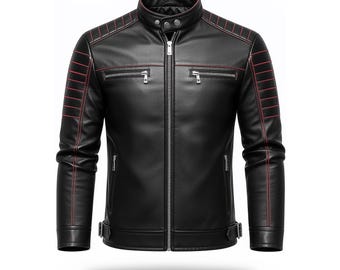Oxlore Black Sheepskin Leather Jacket with Red Stitching – Biker, Streetwear & Luxury Outerwear