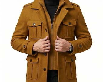 Men's Wool Blend Jacket Warm Winter Trench Coat with Detachable Scarf Single Breasted Pea Coat Black Yellow Outerwear