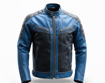 Handmade Black & Blue Leather Biker Jacket: Moto Streetwear