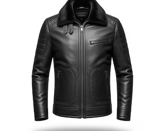 Sheepskin Real Leather Jacket - Black Biker Outerwear with Padded Shoulders, Buckle Collar & Zipper Pockets