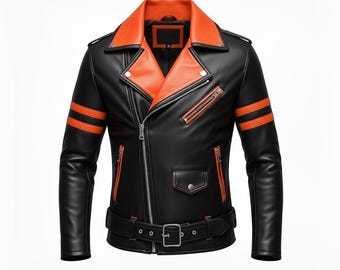 Oxlore Black Leather Biker Jacket with Orange Accents - Asymmetrical Zip, Belted Waist & Streetwear Outerwear