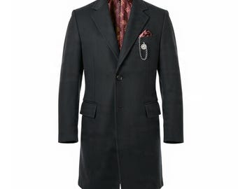 Charcoal Wool Blend Overcoat with Decorative Pocket Chain – Slim Fit Formal Jacket