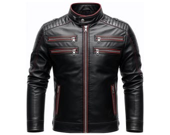 Oxlore Black Leather Jacket with Red Stitching - Quilted Biker, Streetwear & Luxury Outerwear