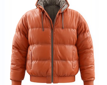 Men's Orange Sheepskin Leather Puffer Jacket with Hood
