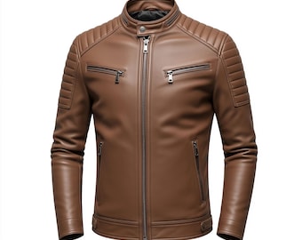Oxlore Sheepskin Leather Jacket - Brown Moto Style, Ribbed Shoulders, Zippered Pockets, Streetwear & Biker Fashion