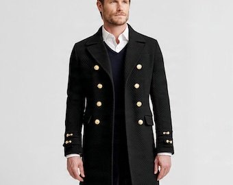 Oxlore Men's Black Wool Double Breasted Overcoat Gold Button Winter Peacoat Mid Long Trench Jacket Notched Lapel Warm Slim Coat