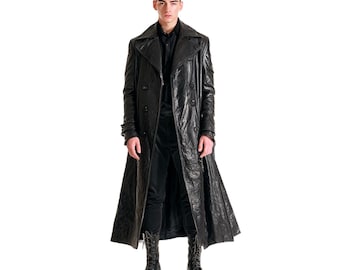 Oxlore Men’s Black Sheepskin Leather Trench Coat – Double-Breasted, Belted Gothic Combat Style Winter Outerwear