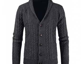 Men's Charcoal Grey Cable Knit Cardigan Sweater Shawl Collar Button Front Winter Warm Wool Blend Jacket with Pockets