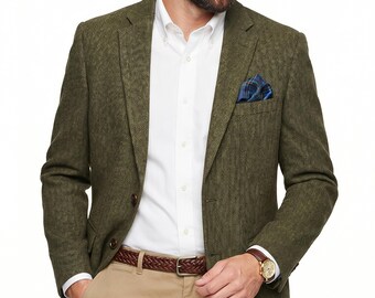 Men's Olive Green Tweed Blazer Single Breasted Wool Sport Coat Notched Lapel Business Casual Jacket