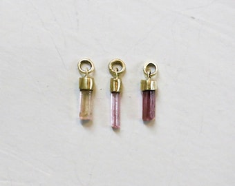 Mini pink tourmaline crystal point bar necklace pendant/earring or piercing charm in 14k yellow gold