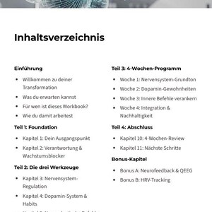 May include: A white document titled "Inhaltsverzeichnis" with a detailed table of contents. The document is divided into sections such as "Introduction", "Foundation", "The Three Tools", and "4-Week Program". A brain graphic is at the top.