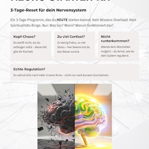 May include: A promotional poster for a "NEURO-STARTER-KIT" with text in German. The poster features a split image of a brain, one side fragmented and the other glowing. The text highlights a 3-day program for the nervous system.