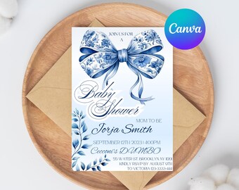 Elegant Baby Shower Invitation | Blue Ribbon Baby Shower Invite | Luxury Baby Shower | Editable Canva Template | Instant Download