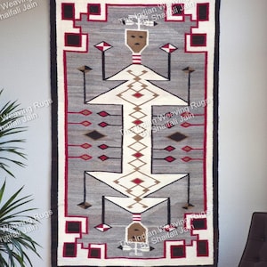 Alfombra Navajo de Lana Tejida a Mano de 5 x 8 pies con Patrón del Suroeste, Estilo Nativo Americano, Alfombra de Tapiz Dotso Yei, Decoración para Salón o Cabaña, Alfombra Mexicana, Regalo