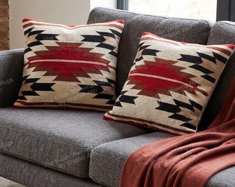Coppia di federe per cuscini in stile Navajo, 22"x22", in lana tessuta a mano, con motivo sud-occidentale, ispirate a due stili di tappeti Navajo e tappeti messicani, colore grigio, per arredamento casa, cuscini.