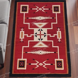 Tappeto Navajo in lana rossa intrecciato a mano, motivo sud-occidentale, stile nativo americano, arredamento per la casa, tappeto messicano Storm, design moderno, dimensioni personalizzate. Articolo