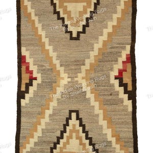 May include: Rectangular woven rug with a geometric pattern in shades of gray, tan, and brown. The design features repeating stepped triangles and diagonal lines. The rug has a dark brown border and the text "The Indian Weaving Rugs By Shaifali Jain".
