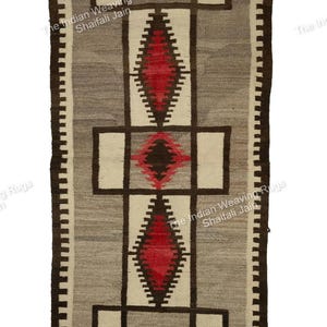 Puede incluir: Alfombra rectangular tejida con un diseño geométrico. La alfombra presenta un patrón central de diamantes rojos y cuadrados blancos, enmarcado por un borde marrón oscuro y un fondo gris. El texto "The Indian Weaving Rugs Shaifali Jain" es visible.
