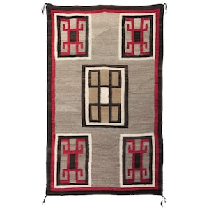 May include: A rectangular grey woven rug with a geometric pattern. The rug features a central rectangular design and four square designs, all outlined in black and red. The border is dark brown with red accents.