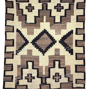 Può includere: Un tappeto rettangolare tessuto con un motivo geometrico nei colori crema, marrone e nero. Il design presenta forme a croce e a diamante ripetute. Il tappeto ha un bordo marrone scuro e il testo "The Indian Weaving Rugs By Shaifali Jain" è visibile.