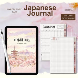 May include: A digital Japanese journal displayed on a tablet screen with a stylus. The cover features a watercolor illustration of Mount Fuji, a pagoda, and cherry blossoms with the text "日本語日記 My Japanese Diary." Includes monthly calendar pages.