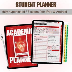 以下が含まれることがあります： 2つのタブレットに表示された学生用プランナー。左側のタブレットには、電球のグラフィックとともに赤色で「ACADEMIC PLANNER」と表示されています。右側のタブレットには、日付と成績情報を含むクラスの概要が表示されています。上部のテキストは「STUDENT PLANNER」です。