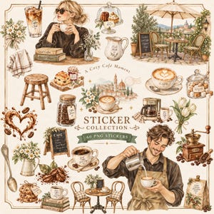 May include: A digital sticker collection featuring watercolour illustrations of coffee culture, including cups of latte art, coffee beans, pastries, a barista pouring milk, café furniture, books, and floral bouquets with the text A Cozy Café Moment.