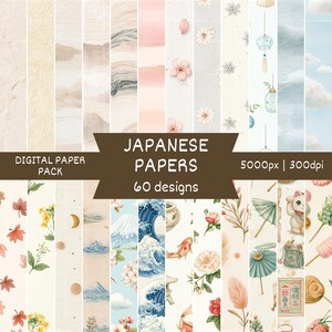 May include: A digital paper pack featuring 60 designs with Japanese-inspired motifs including cherry blossoms, Mount Fuji, koi fish, waves, paper umbrellas, and maneki-neko cats. The collection includes various textures, soft watercolor patterns, and clouds.
