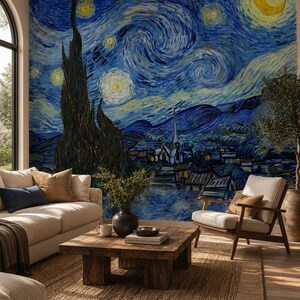 May include: A large wall mural featuring a reproduction of Vincent van Gogh's The Starry Night, displaying a dark blue swirling night sky, a bright yellow crescent moon, glowing stars, a tall dark cypress tree, and a small village with a church.