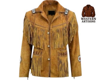 Handcrafted Buckskin Suede Leather Cowboy Jacket: Fringed Beaded Western Vintage Style