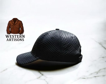 Baseball Cap: snakeprint embossed Black Leather Fashion style casual Hat