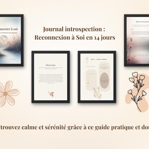 Peut inclure: Quatre impressions encadrées avec des cadres noirs et des illustrations florales. Les impressions présentent du texte en français, notamment "Reconnecter à soi" et "Journal introspection". Un motif floral et du texte en français sont également présents.