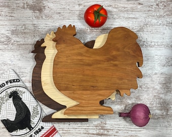 Rooster Cutting Board, three hardwoods to choose from, hand made Laminated for strength and longevity