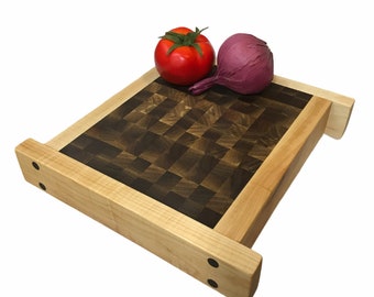 Oriental inspiration Double sided Tiger Maple and Walnut end grain Butcher Block cutting board