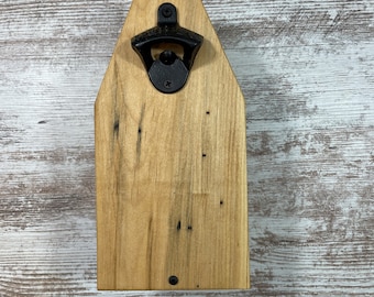 Wooden wall hanging bottle opener with magnetic cap catcher great for outdoor locations