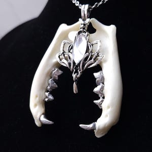 Puede incluir: Un collar con colgante que presenta dos mandíbulas de animal en color blanco hueso dispuestas en forma de U. En el centro, un engaste de metal plateado ornamentado sostiene una piedra transparente de corte marquesa con un pequeño dije.