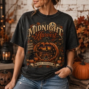 Peut inclure: Un t-shirt gris anthracite à manches courtes avec une impression graphique portant le texte Midnight Harvest et Fall Festival. Le motif comprend une grande citrouille sculptée abritant un village effrayant, un chat noir, des feuilles d'automne et des lanternes.