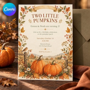 May include: A rectangular birthday invitation card featuring a watercolour illustration of a pumpkin patch with two large orange pumpkins, autumn leaves, berries, and a small bird. The text reads Two Little Pumpkins, Emma & Noah are turning 2!