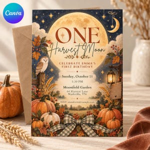 May include: A rectangular birthday invitation card featuring a large harvest moon, an owl on a wooden fence, pumpkins, autumn leaves, and a lantern. The text reads: ONE Harvest Moon, CELEBRATE EMMA'S FIRST BIRTHDAY, Sunday, October 11, 1:30 PM.